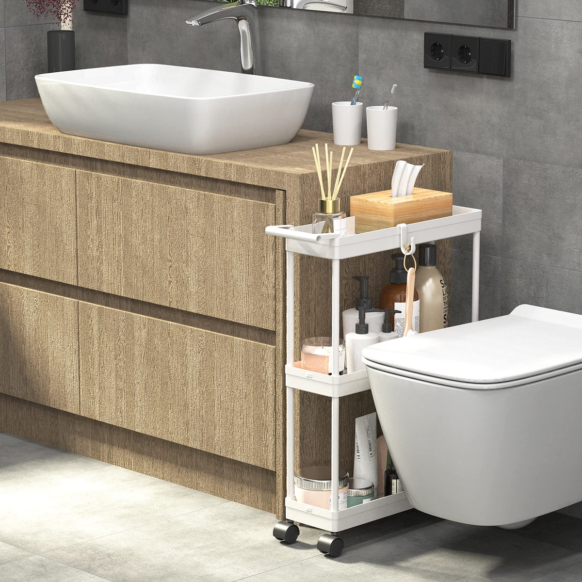 3-Tier Slim Rolling Storage Cart with Handle & Hooks
