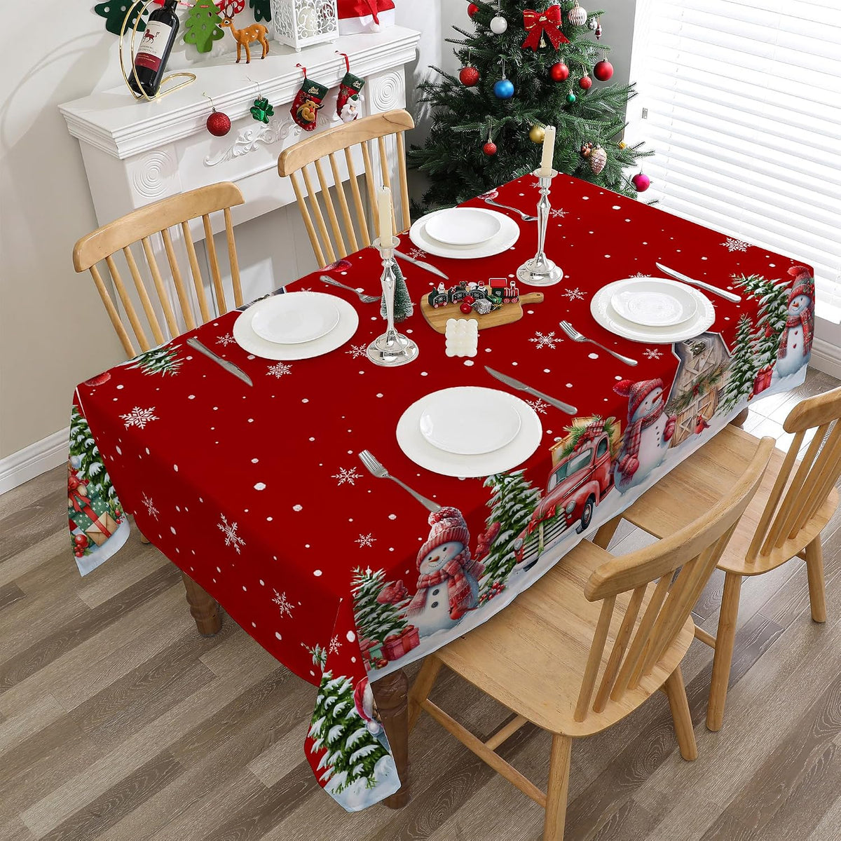 Red Christmas Tablecloth – Snowman & Truck Print – view 2