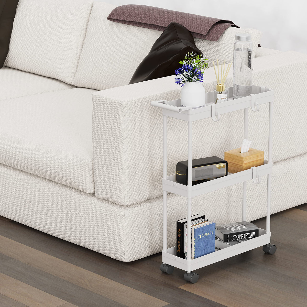 3-Tier Slim Rolling Storage Cart with Handle & Hooks