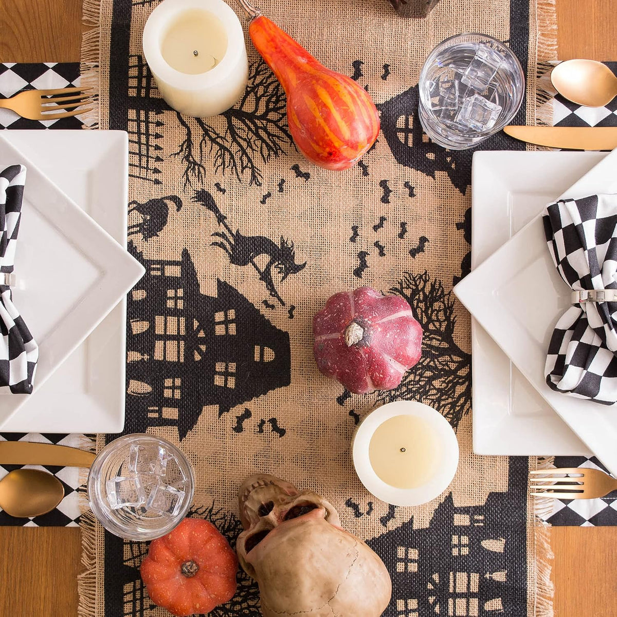 Haunted House Burlap Halloween Table Runner – 36 x 287 cm – view 6