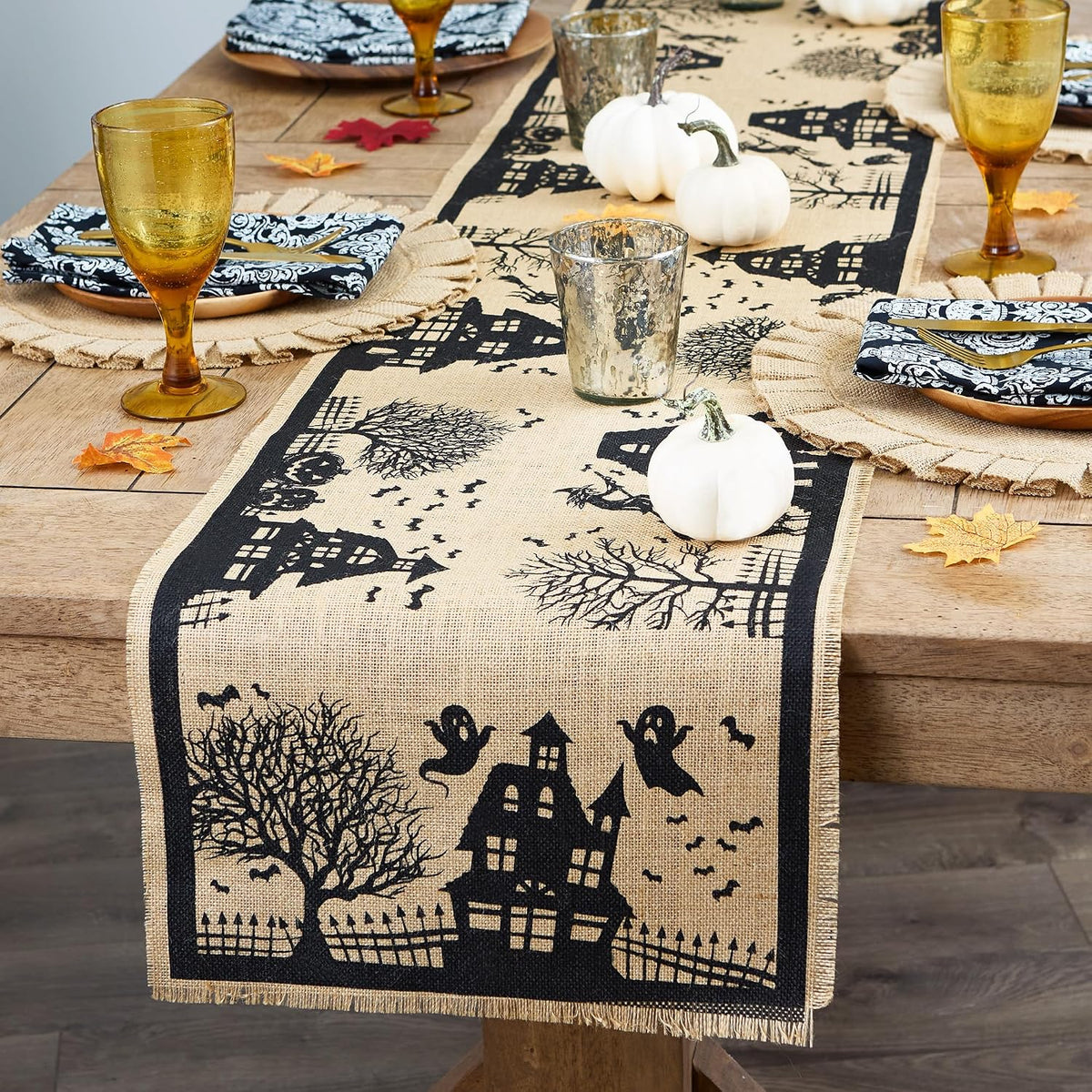 Haunted House Burlap Halloween Table Runner – 36 x 287 cm – view 3