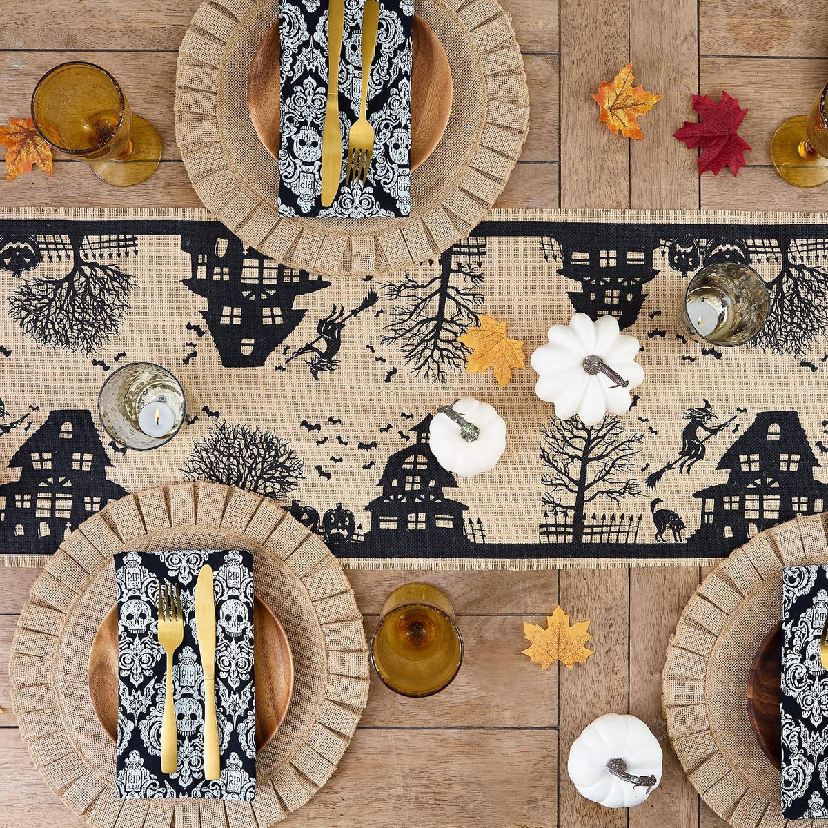 Haunted House Burlap Halloween Table Runner – 36 x 287 cm – view 5