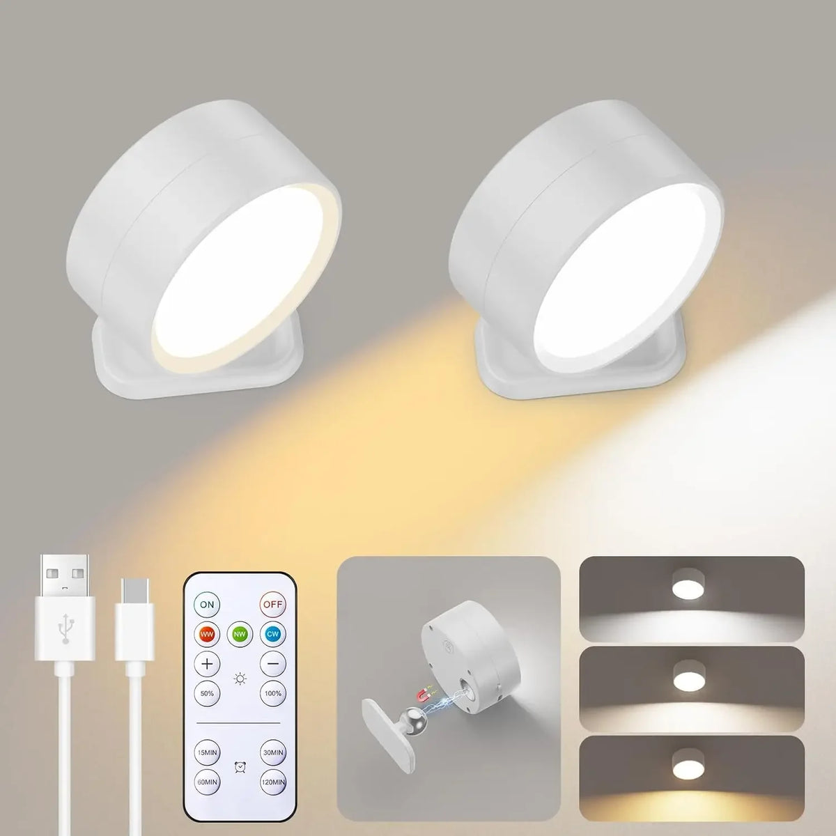 Rechargeable Magnetic Wall Light with Remote – 360° Rotating